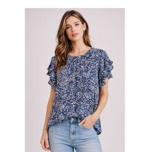 Alex & Lili Patterned Ruffle Short Sleeve Blouse Top Cream Blues Size XL